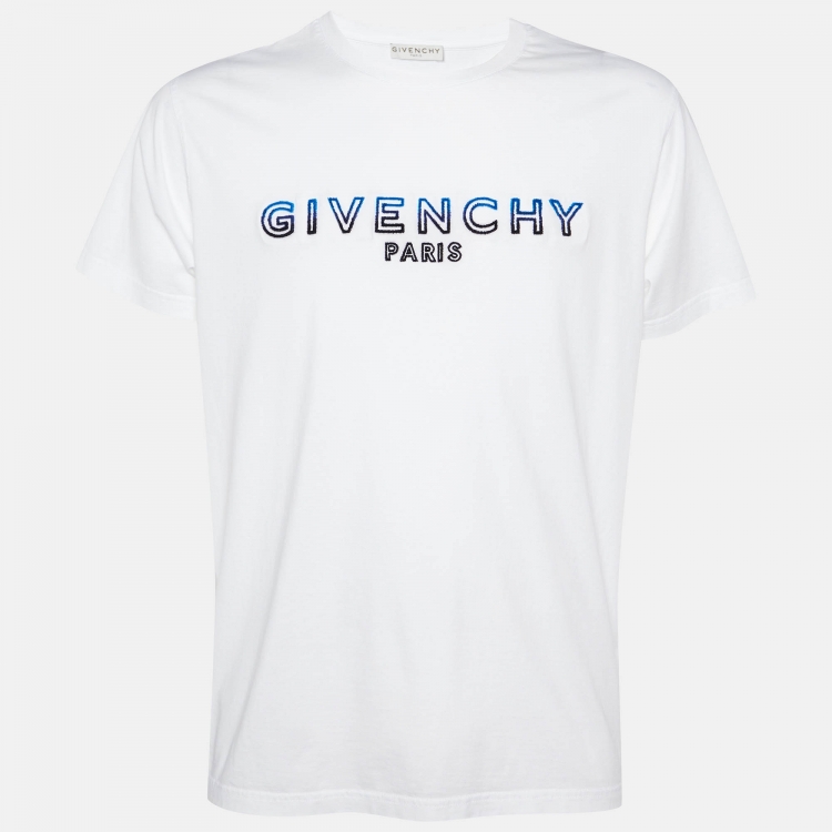 Pre Owned Givenchy White Tufted Logo Cotton Crew Neck T-Shirt M