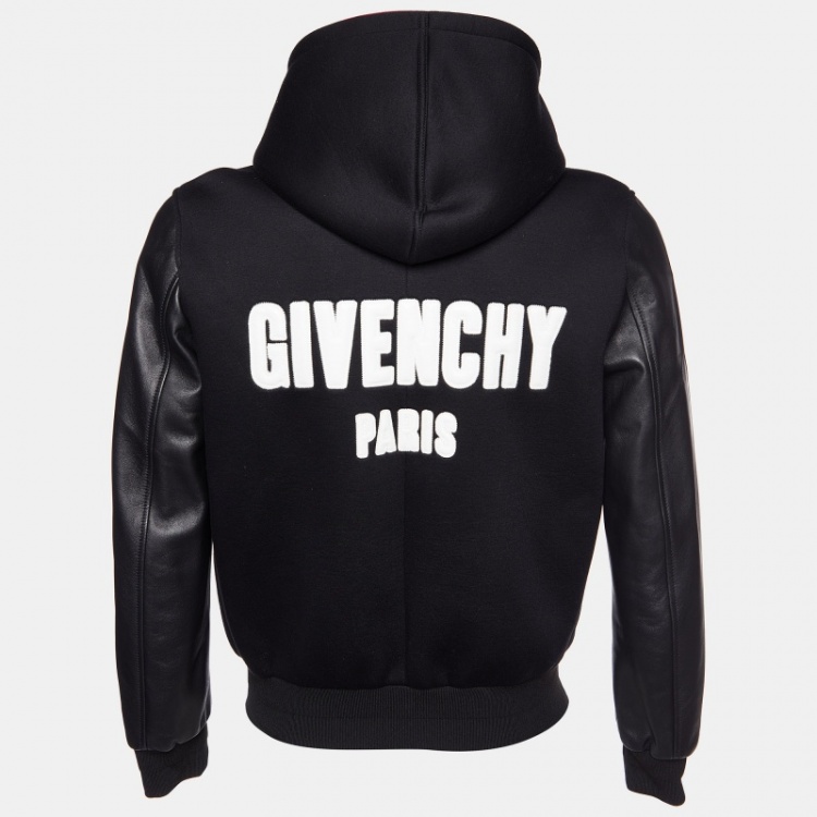 Pre Owned Givenchy Black Leather & Knit Hooded Bomber Jacket S
