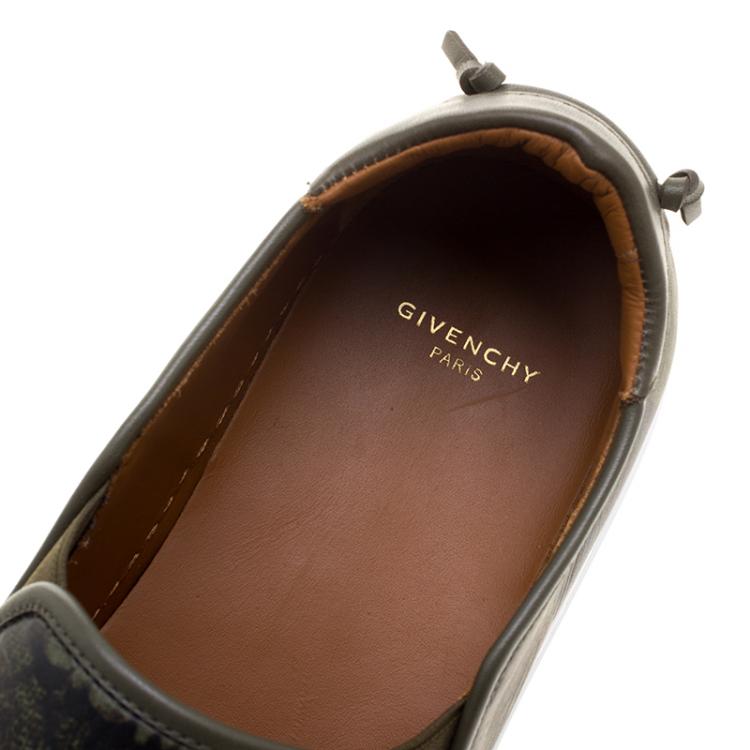 Pre Owned Givenchy Olive Green Printed Leather Street Skate Slip On Sneakers Size 41.5