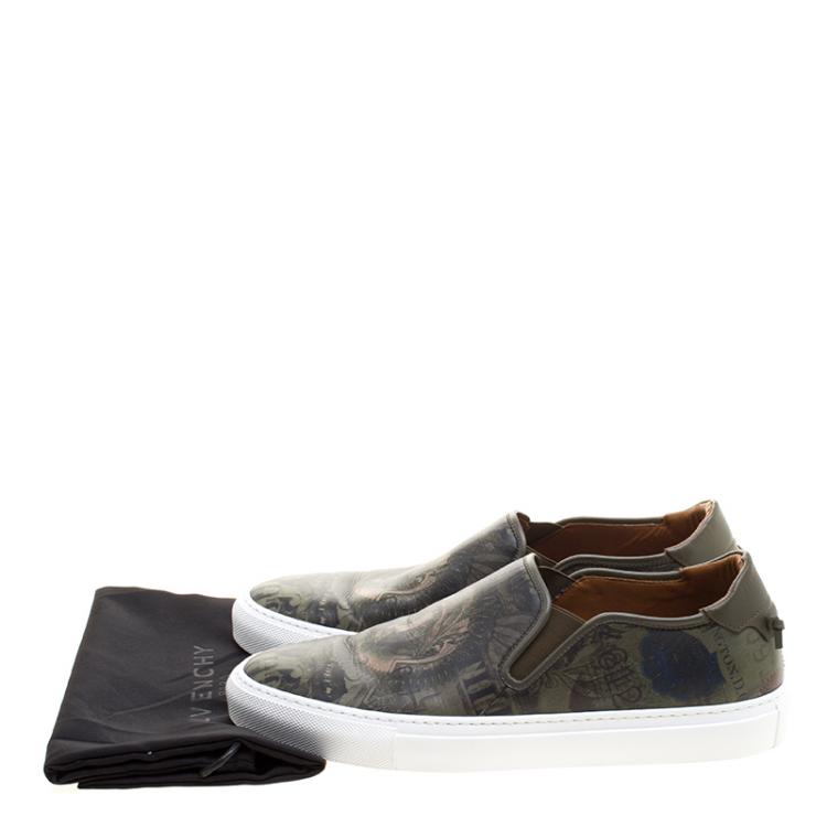 Pre Owned Givenchy Olive Green Printed Leather Street Skate Slip On Sneakers Size 41.5