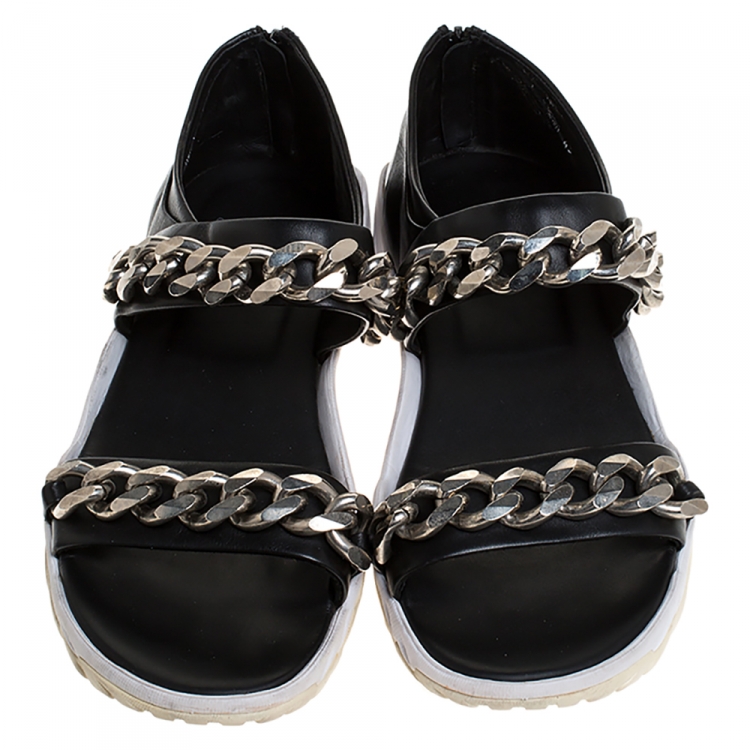 Pre Owned Givenchy Black Leather Palladio Chain Embellished Flat Sandals Size 43