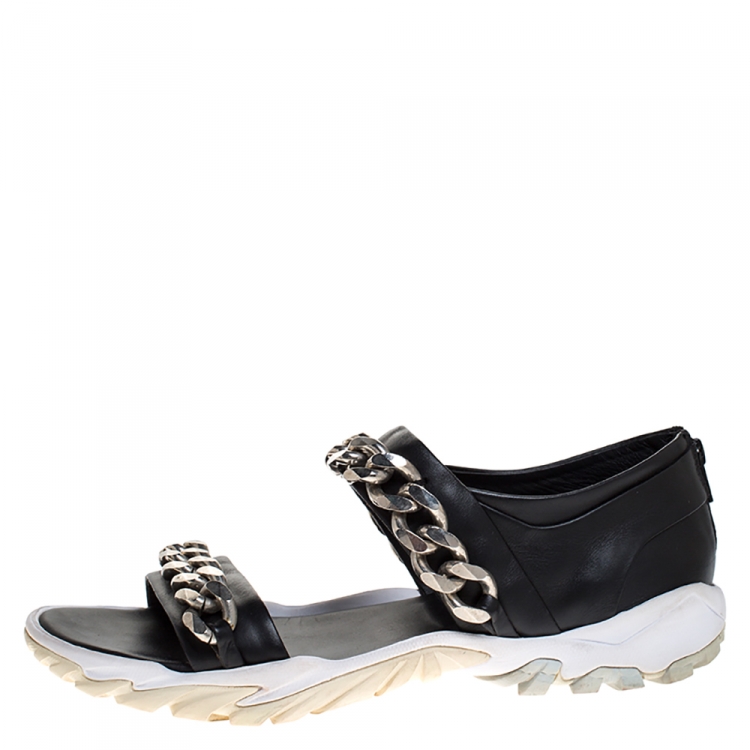 Pre Owned Givenchy Black Leather Palladio Chain Embellished Flat Sandals Size 43