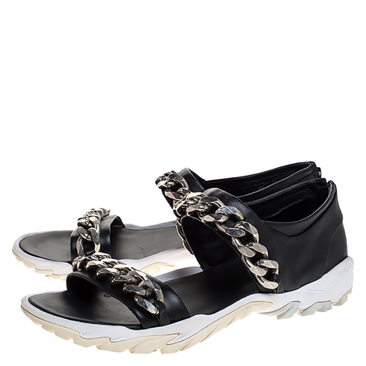 Pre Owned Givenchy Black Leather Palladio Chain Embellished Flat Sandals Size 43