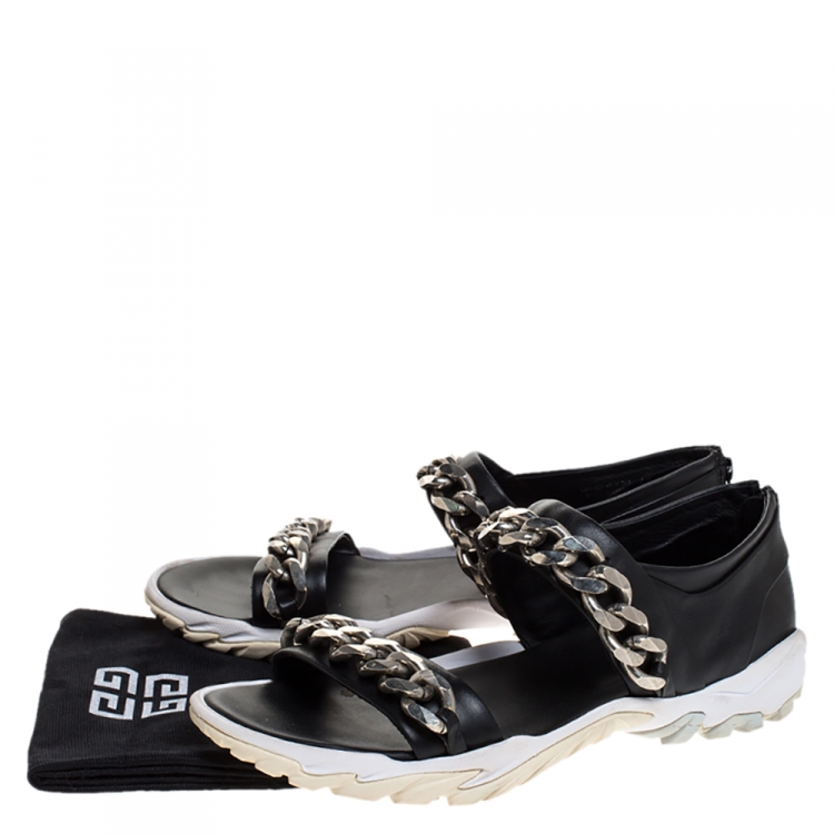 Pre Owned Givenchy Black Leather Palladio Chain Embellished Flat Sandals Size 43
