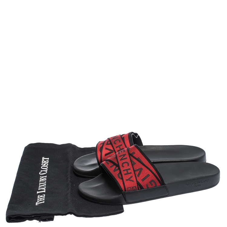 Pre Owned Givenchy Red/Black Fabric Logo Slide Sandals Size 41