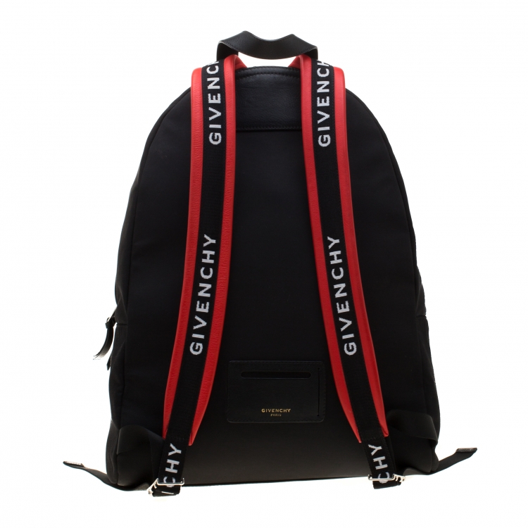 Pre Owned Givenchy Black/Red Logo Strap Nylon and Leather Backpack