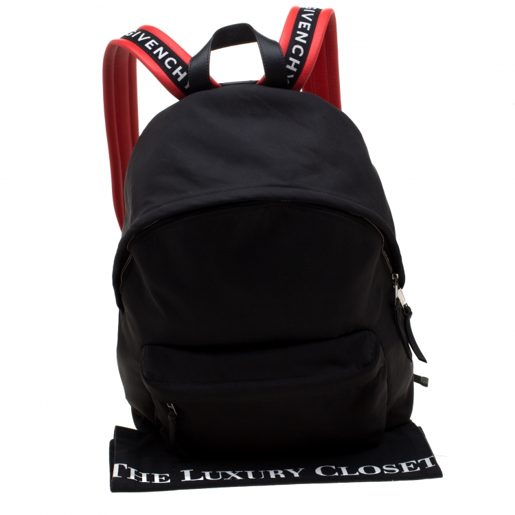 Pre Owned Givenchy Black/Red Logo Strap Nylon and Leather Backpack
