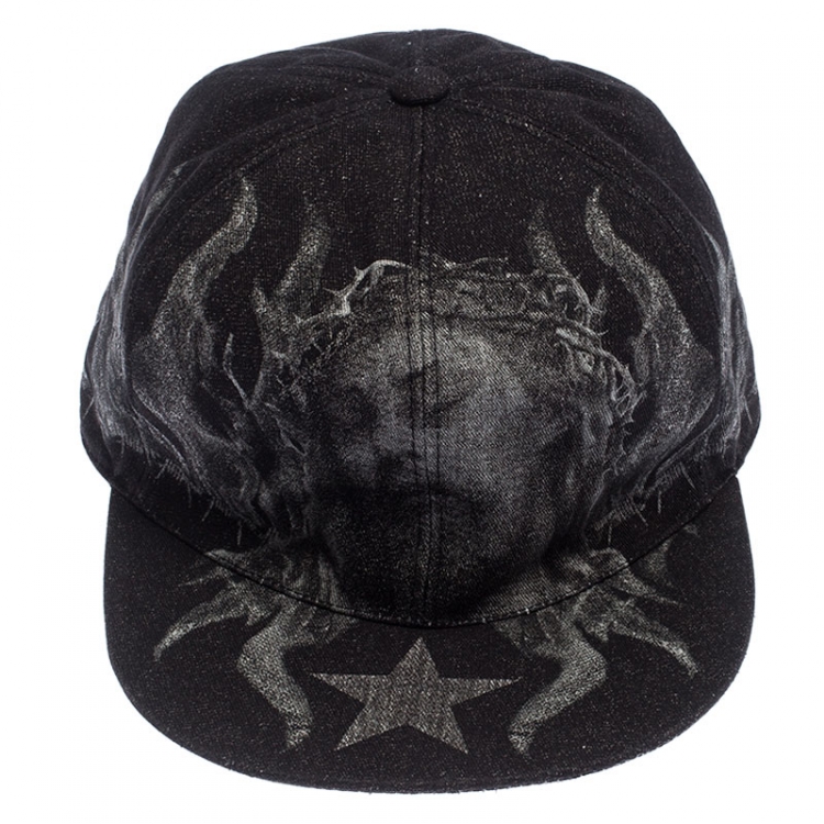 Pre Owned Givenchy Dark Grey Denim Barb Wire Jesus Print Snapback Cap 