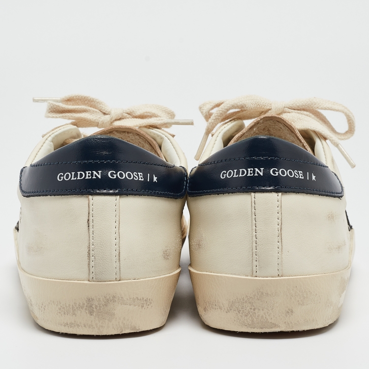 Pre Owned Golden Goose Cream/Navy Blue Leather Superstar Sneakers Size 42