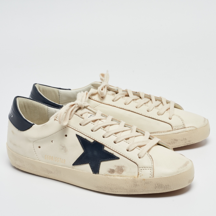 Pre Owned Golden Goose Cream/Navy Blue Leather Superstar Sneakers Size 42