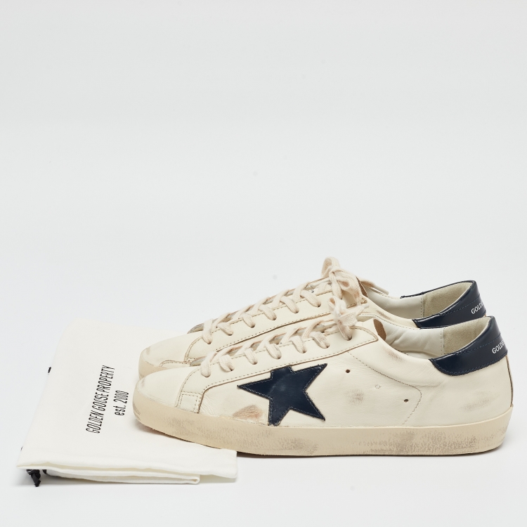 Pre Owned Golden Goose Cream/Navy Blue Leather Superstar Sneakers Size 42