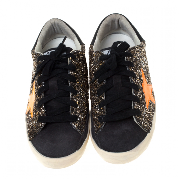 مملوكة مسبقًا Golden Goose Black/Neon Orange Glitter and Suede Superstar Lace Up Sneakers Size 36