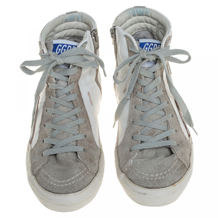 Pre Owned Golden Goose White/Grey Leather And Suede High Top Sneakers Size 40
