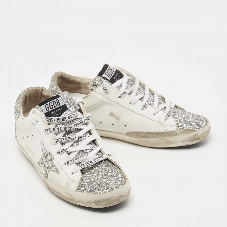 Pre Owned Golden Goose White/Silver Leather and Coarse Glitter Superstar Sneakers Size 41