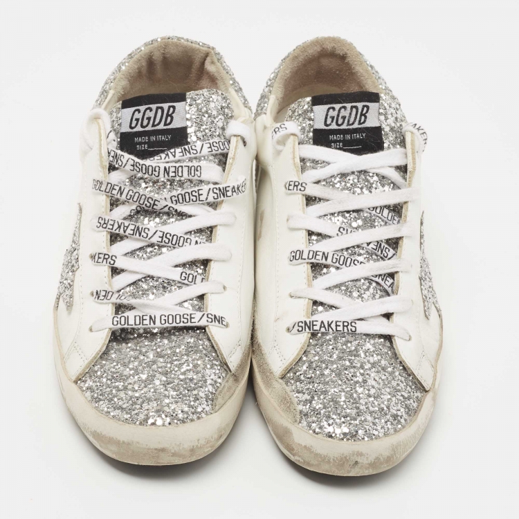 Pre Owned Golden Goose White/Silver Leather and Coarse Glitter Superstar Sneakers Size 41