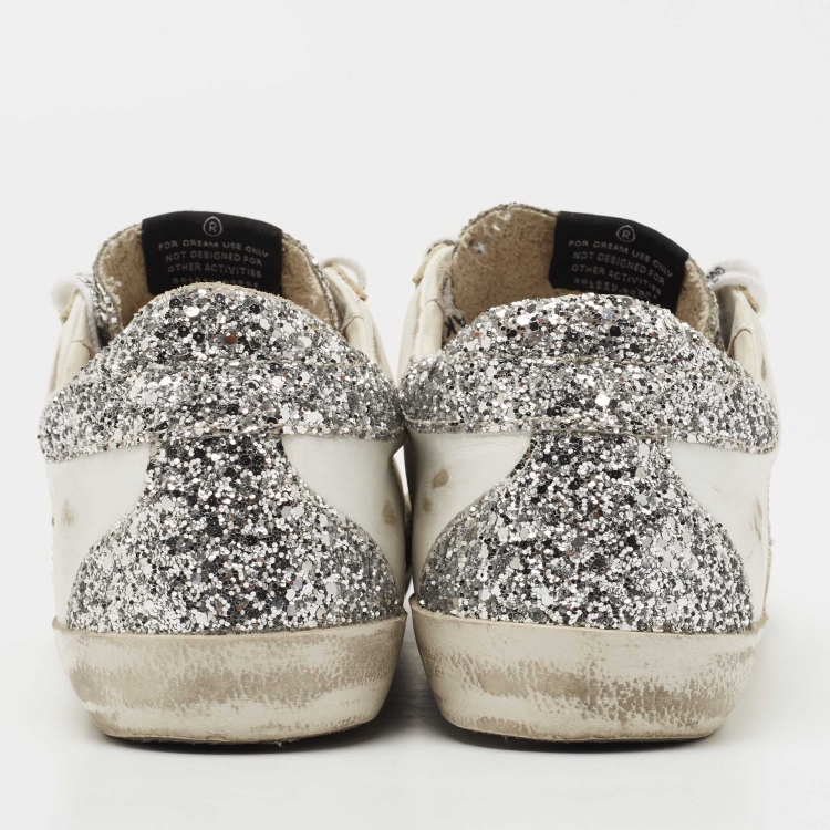 Pre Owned Golden Goose White/Silver Leather and Coarse Glitter Superstar Sneakers Size 41
