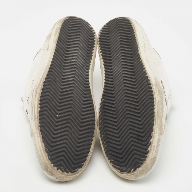 Pre Owned Golden Goose White/Silver Leather and Coarse Glitter Superstar Sneakers Size 41