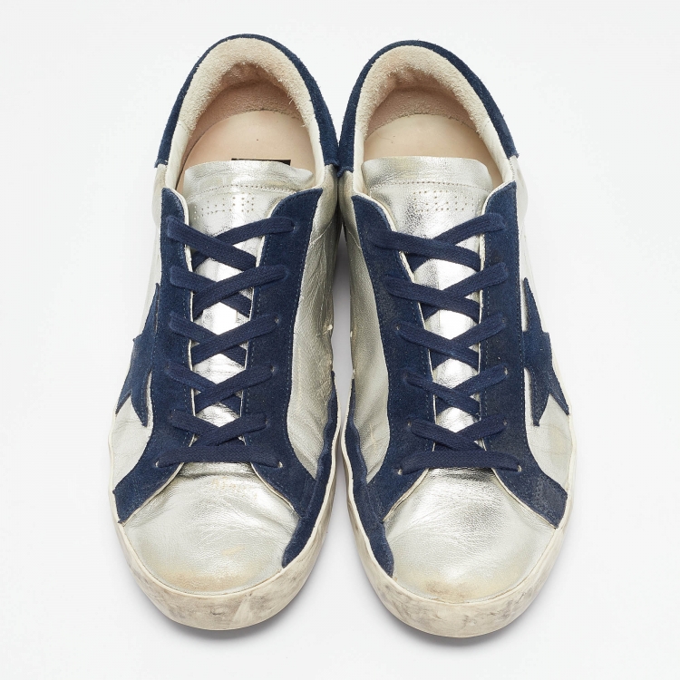 مملوكة مسبقًا Golden Goose Silver/Navy Blue Leather and Suede Superstar Sneakers Size 40