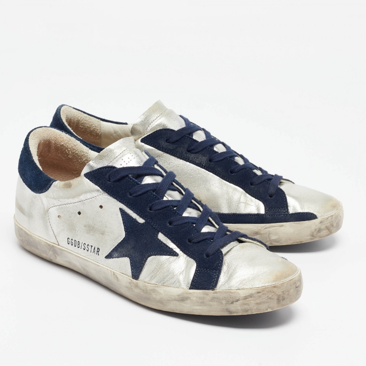 مملوكة مسبقًا Golden Goose Silver/Navy Blue Leather and Suede Superstar Sneakers Size 40