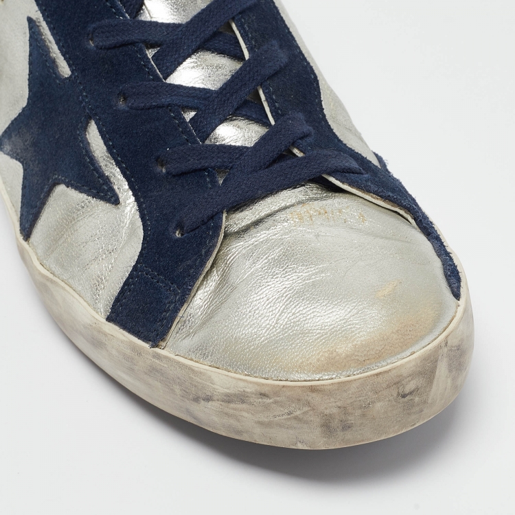 مملوكة مسبقًا Golden Goose Silver/Navy Blue Leather and Suede Superstar Sneakers Size 40