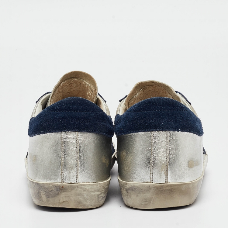 مملوكة مسبقًا Golden Goose Silver/Navy Blue Leather and Suede Superstar Sneakers Size 40