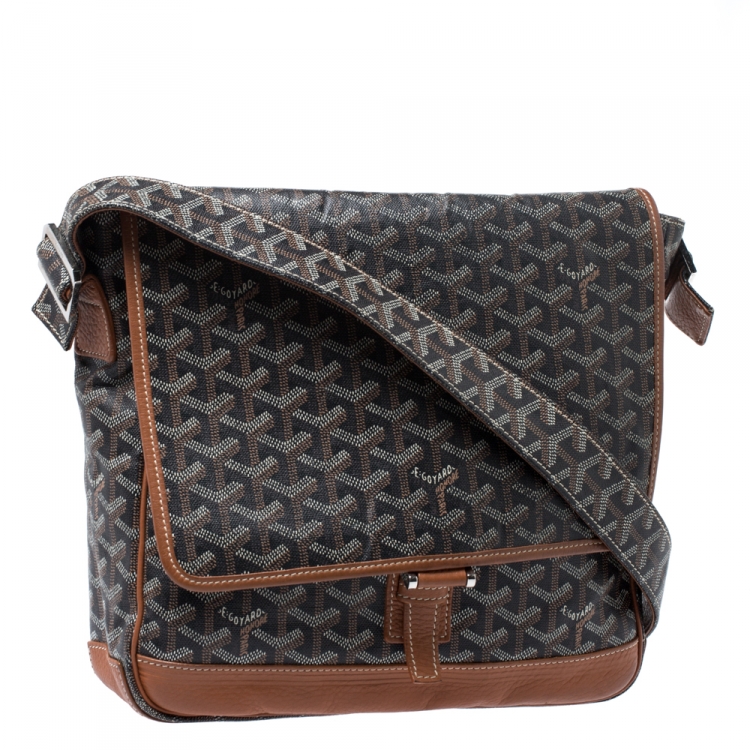 Pre Owned Goyard Black/Brown Leather and Canvas MM Bleu Messenger Bag