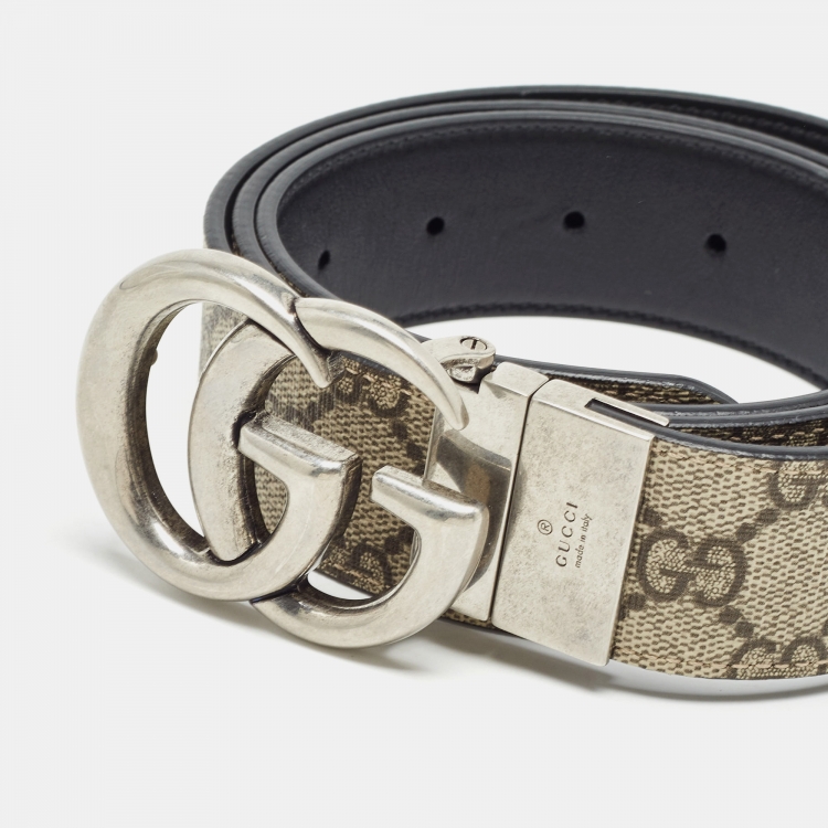 Pre Owned Gucci Beige GG Supreme Canvas and Leather GG Marmont Reversible Belt 100CM
