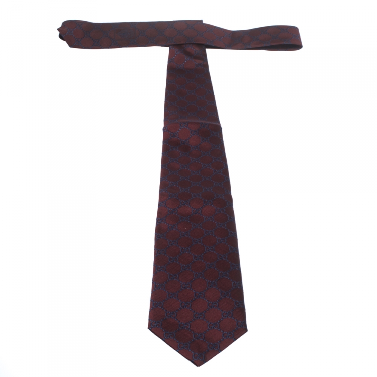 Pre Owned Gucci Burgundy Guccissima Silk Jacquard Tie 