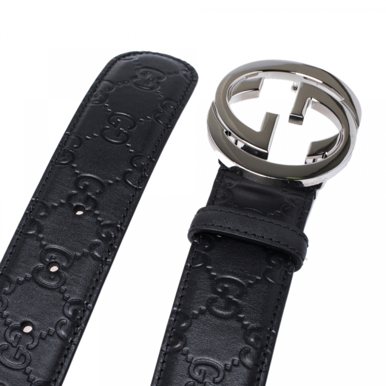 Pre Owned Gucci Black Guccissima Leather Interlocking G Buckle Belt 90CM
