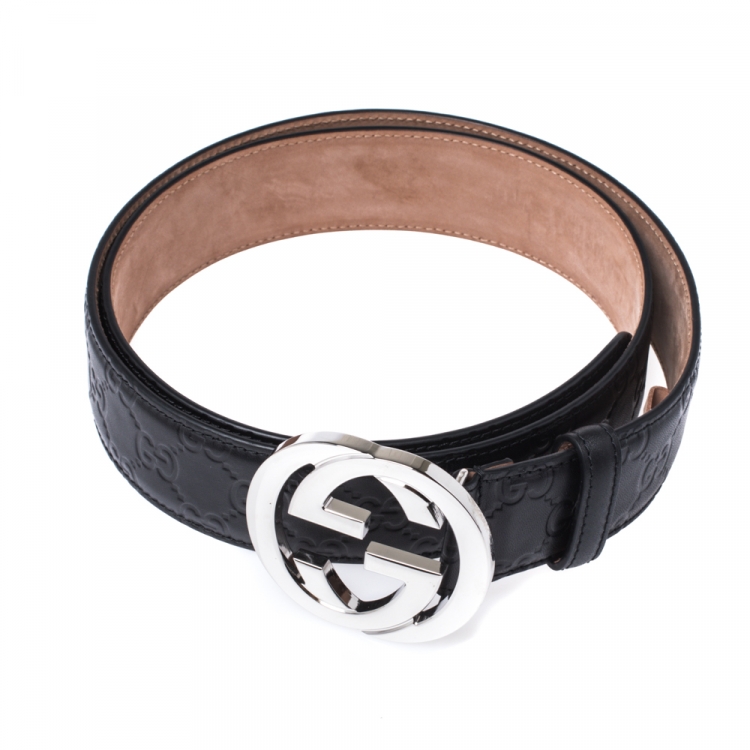 Pre Owned Gucci Black Guccissima Leather Interlocking G Buckle Belt 90CM