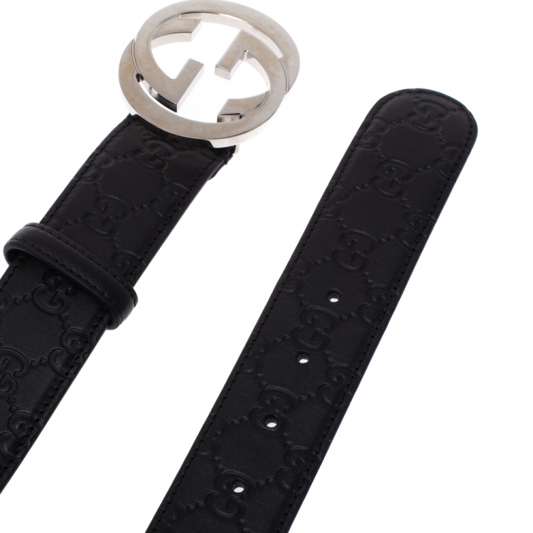 مملوكة مسبقًا Gucci Black Guccissima Leather Interlocking G Buckle Belt 105CM