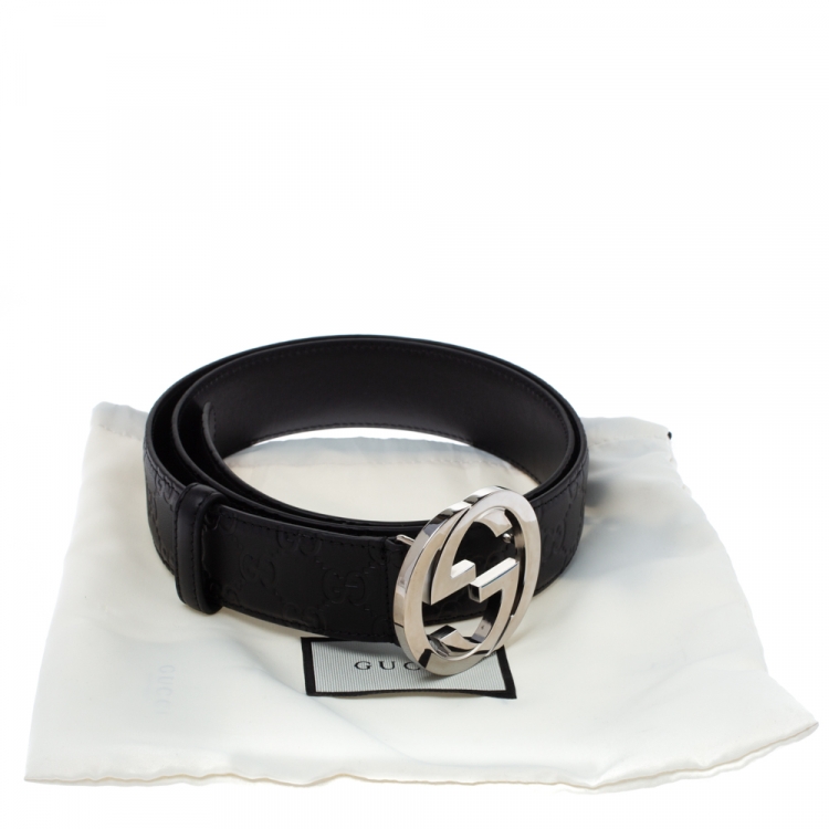 مملوكة مسبقًا Gucci Black Guccissima Leather Interlocking G Buckle Belt 105CM