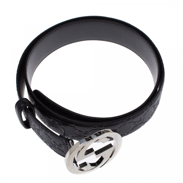 Pre Owned Gucci Black Guccissima Leather Interlocking G Buckle Belt 110CM
