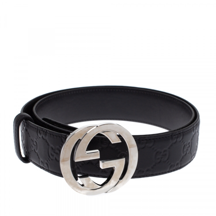 Pre Owned Gucci Black Guccissima Leather Interlocking G Buckle Belt 110CM