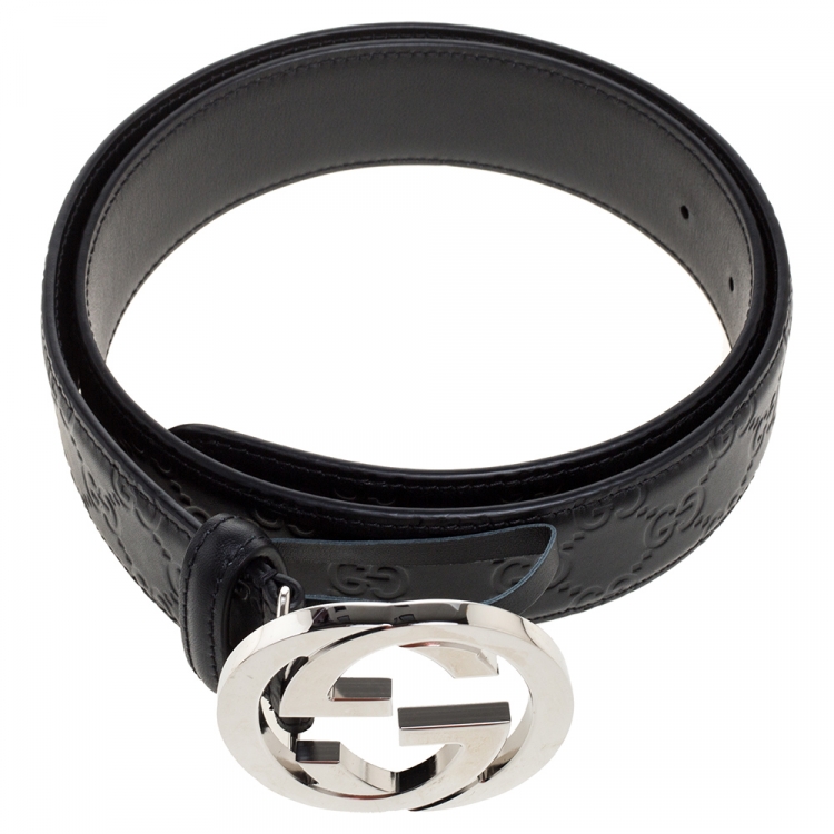 Pre Owned Gucci Black Guccissima Leather Interlocking G Belt 85CM