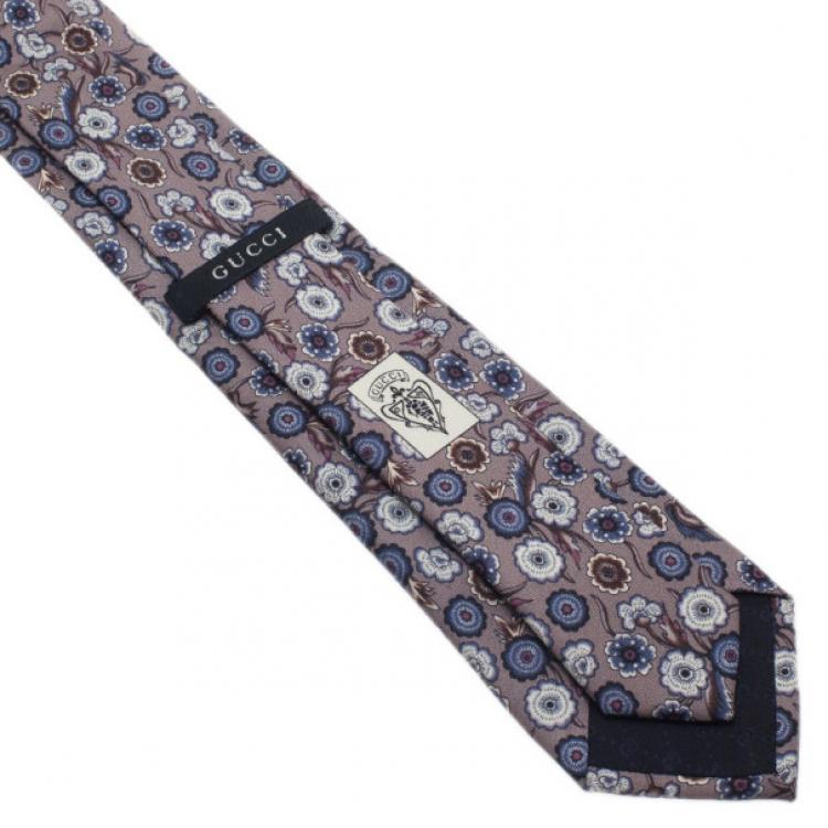 Pre Owned Gucci Grey Floral Print Silk Tie