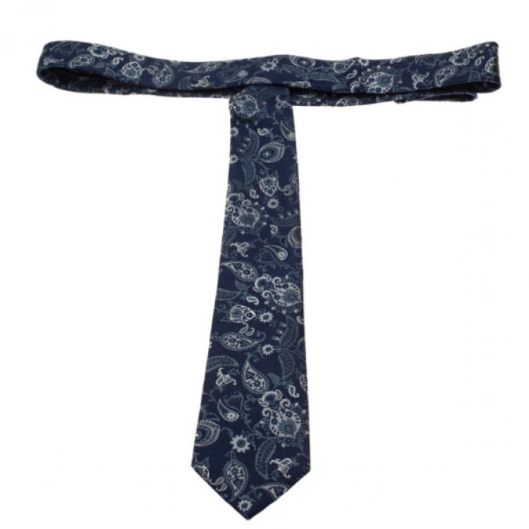 Pre Owned Gucci Dark Blue Paisley Print Silk Tie