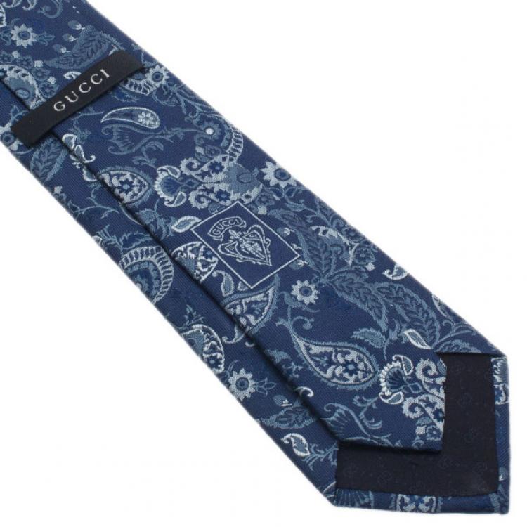 Pre Owned Gucci Dark Blue Paisley Print Silk Tie