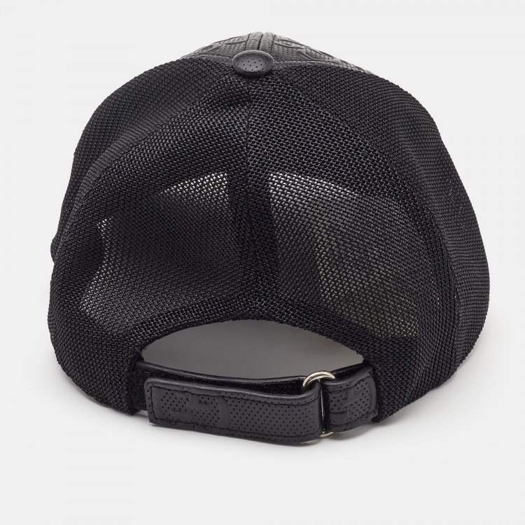 Pre Owned Gucci Black Logo Embossed Leather& Mesh Baseball Cap M