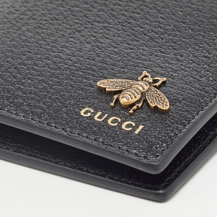 Pre Owned Gucci Black Leather Animalier Bifold Compact Wallet