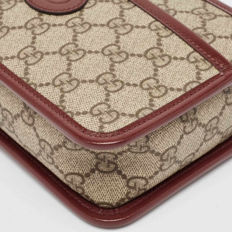 Pre Owned Gucci Burgundy/Beige GG Supreme Canvas and Leather Interlocking G Travel Pouch 