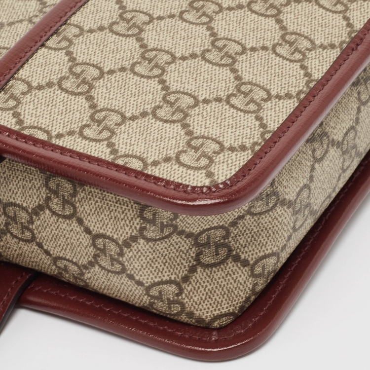 Pre Owned Gucci Burgundy/Beige GG Supreme Canvas and Leather Interlocking G Travel Pouch 