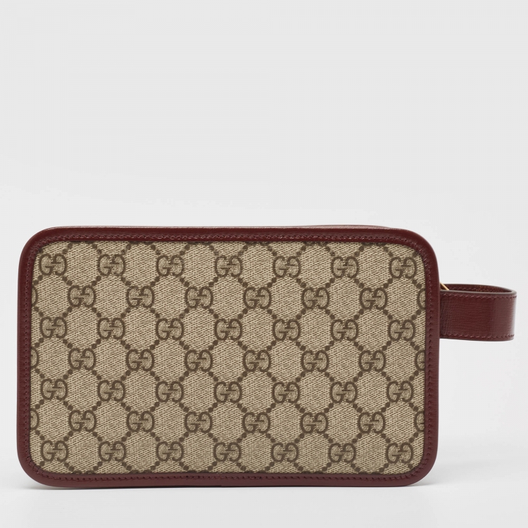 Pre Owned Gucci Burgundy/Beige GG Supreme Canvas and Leather Interlocking G Travel Pouch 