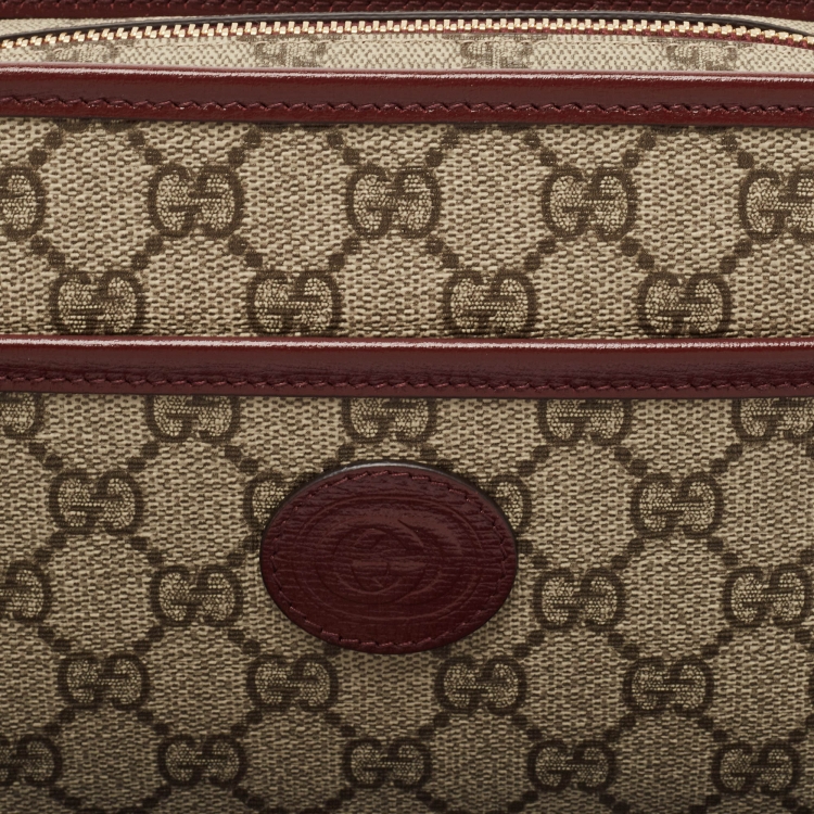 Pre Owned Gucci Burgundy/Beige GG Supreme Canvas and Leather Interlocking G Travel Pouch 