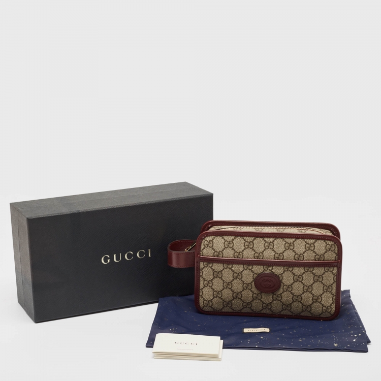 Pre Owned Gucci Burgundy/Beige GG Supreme Canvas and Leather Interlocking G Travel Pouch 