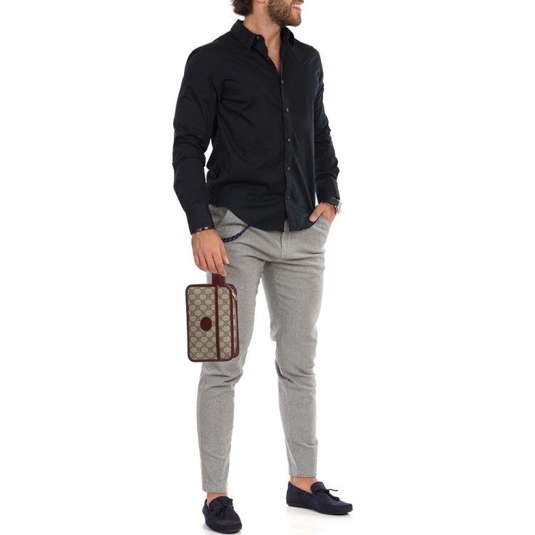 Pre Owned Gucci Burgundy/Beige GG Supreme Canvas and Leather Interlocking G Travel Pouch 