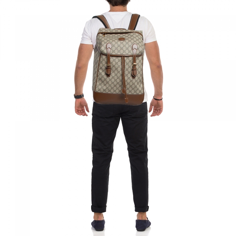 Pre Owned Gucci Beige/Ebony GG Supreme Canvas and Leather Medium Interlocking G Backpack