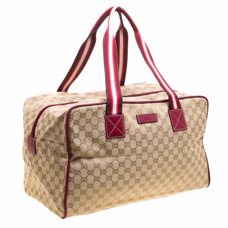 Pre Owned Gucci Beige/Burgundy GG Canvas Carryall Duffel Bag