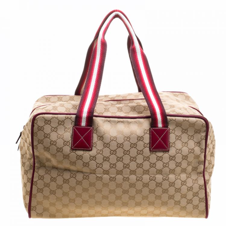 Pre Owned Gucci Beige/Burgundy GG Canvas Carryall Duffel Bag