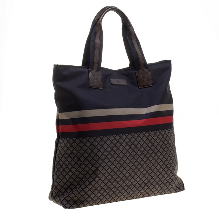 Pre Owned Gucci Dark Blue Web Diamante Nylon Tall Zip Tote 
